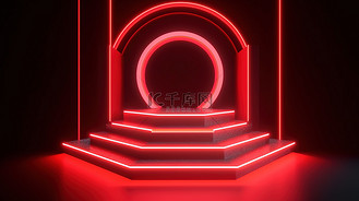 3D 渲染中白色霓虹灯照亮的红色几何讲台