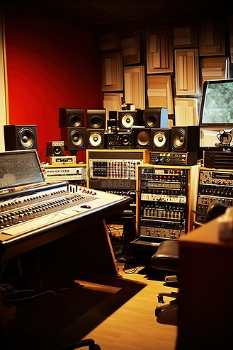 拥有许多计算机和显示器的录音室