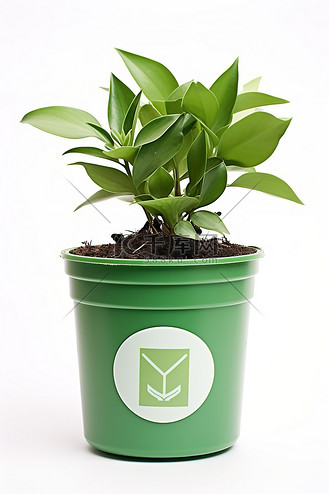 带有回收标签的绿色花盆