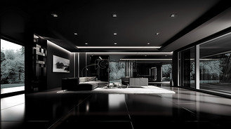 时尚的黑色立面住宅内的现代奢华 3D 渲染