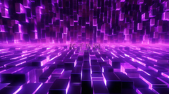 长霓虹紫色立方体的 3D 渲染，具有引人注目的光效抽象背景