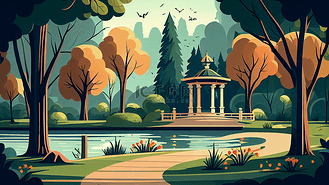 公园湖边凉亭背景