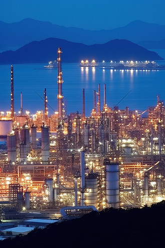 园区合同高清背景图片_一座俯瞰大海的山上的大型炼油厂