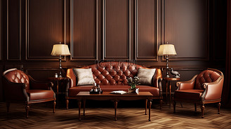 豪华桃花心木客厅配有真皮沙发和 3D 渲染桌子