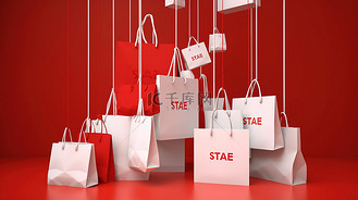 红色背景与白色销售标志购物袋和销售标签在 3d 渲染