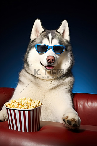 戴着 3d 眼镜吃爆米花的哈士奇狗