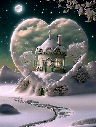 梦幻卡通浪漫爱心乡村小屋油画装饰画背景