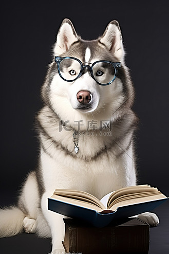 戴眼镜看书的哈士奇狗
