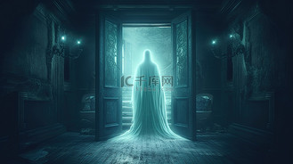 剪影房高清背景图片_荒凉鬼屋内部发光的门户中的怪异幽灵 3D 数字恐怖插图