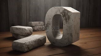 3d 混凝土引号符号是木质表面上坚固的石标