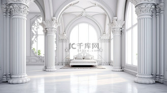 白色卧室的 3D 渲染，配有豪华的印度拱门装饰优雅的多立克柱和优雅的白色大理石地板