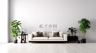 当代家居室内深色木质家具和白色墙壁为您的现代客厅 3D 渲染设置了时尚的场景