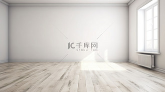 极简主义空间，以白色浮动强化木地板和背景 3D 渲染中新粉刷的白色墙壁为特色
