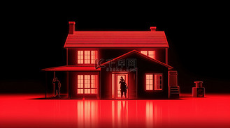 房地产横幅背景的 3D 插图，带有剪影房屋和醒目的红色边框