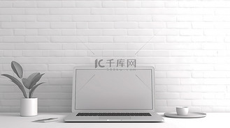 办公空间展示墙图片素材_舒适的工作空间中的空白屏幕笔记本电脑模型，白砖墙上有复制空间