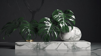 龟背竹植物在 3D 渲染中装饰大理石讲台