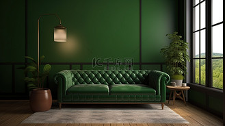 真皮沙发豪华图片素材_3d 渲染绿色内饰与豪华棕色真皮沙发家居设计理念