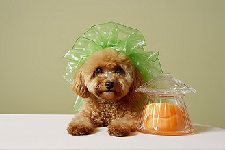 一只棕色头发的狗坐在桌子上，头上套着塑料袋