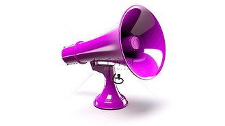 充满活力的紫色扩音器 3D 渲染的扬声器插图非常适合在白色背景上隔离的引人注目的广告和销售公告