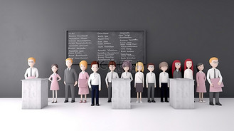 白色背景，男女教师站在空荡荡的教室和 3D 插图中描绘的黑板前排成一排