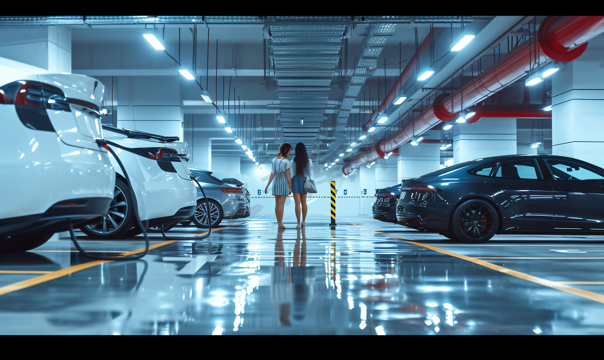 地下停车场给新能源汽车充电的女性图片