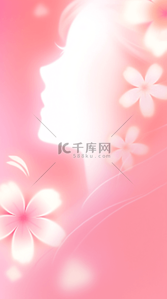 粉色妇女节女神节女孩剪影和花朵背景图