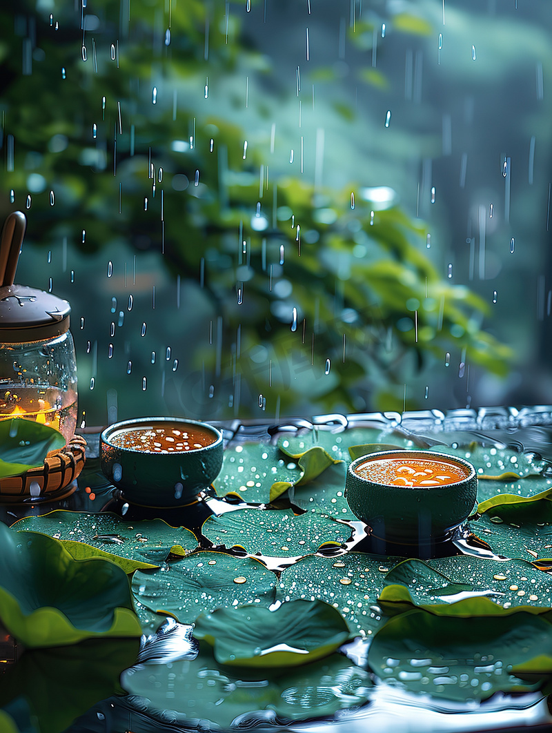 春天下雨天品茶休闲生活摄影配图图片