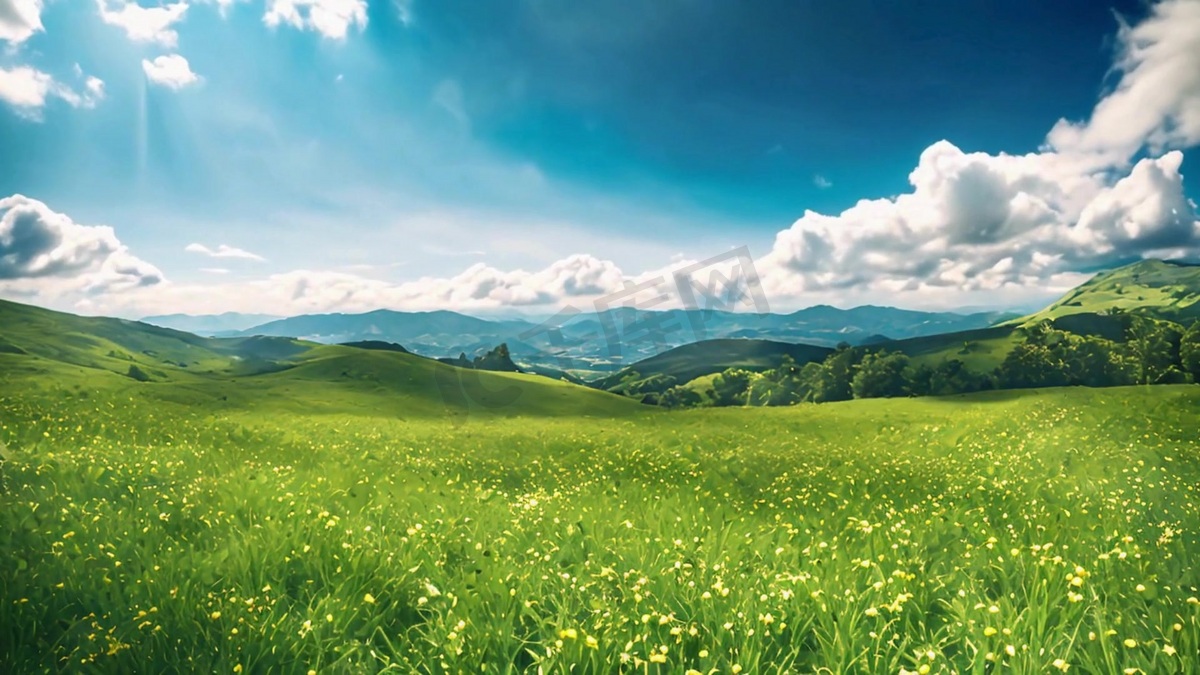 自然风景山川田野草地蓝天白云AI图片