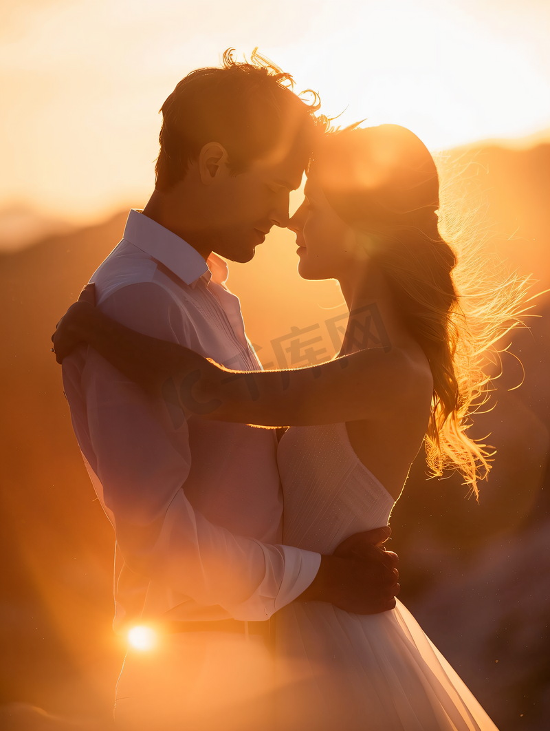 夕阳下的浪漫婚纱照特写图片