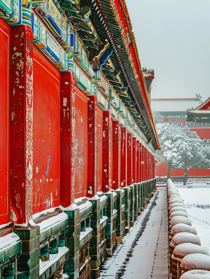 北京故宫红墙琉璃瓦雪景图片