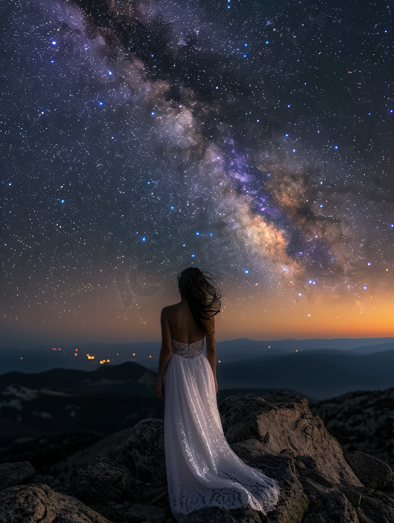 夏天山顶星空银河下的浪漫少女图片
