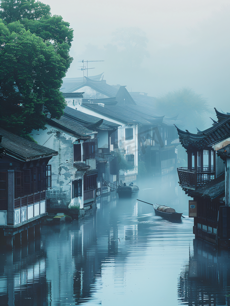 充满中国风的江南水乡雾气景色图片