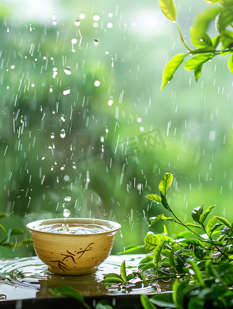 春天谷雨茶叶嫩芽下雨雨水摄影图片