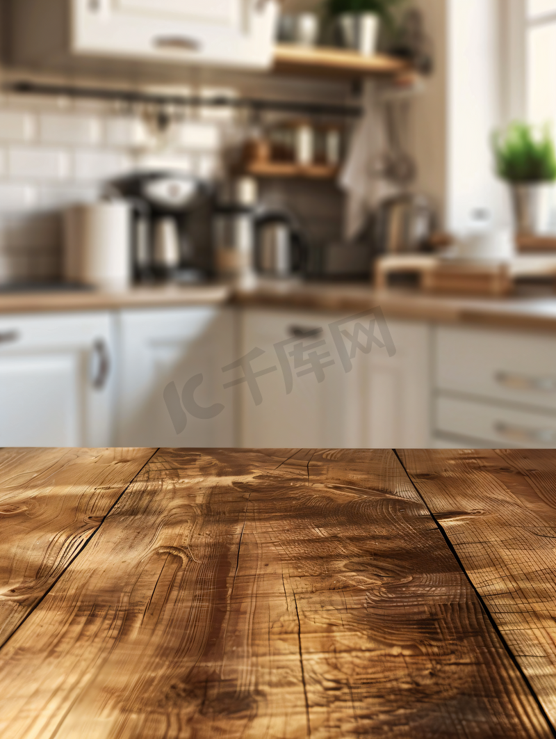 空的木桌和模糊的厨房背景图片