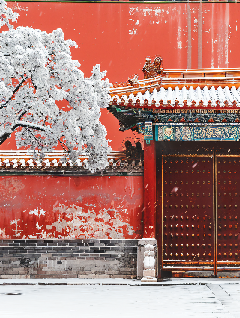 北京故宫红墙琉璃瓦雪景图片