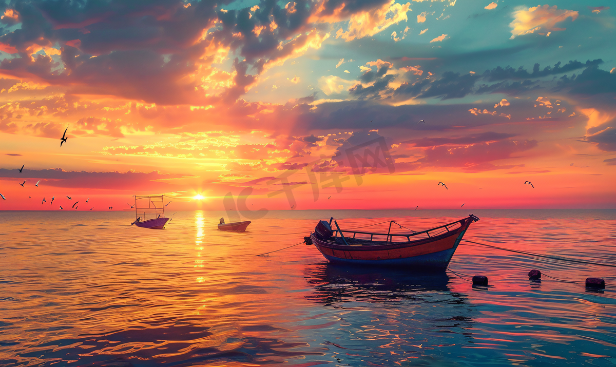 唯美夕阳下的大海和归航的渔船图片