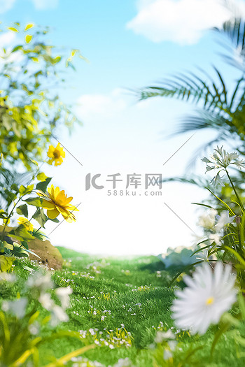 春天春季植物花卉绿色立体C4D植物场景背景图片仿摄影展台