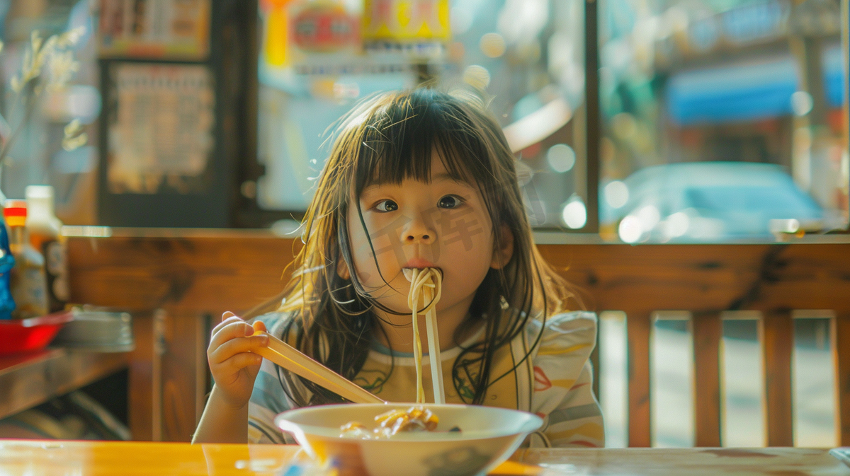 小女孩在韩国·吃方便面图片