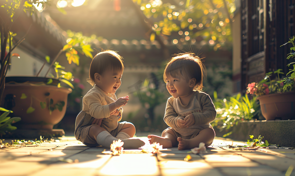 亚洲人两个儿童在庭院里玩耍图片