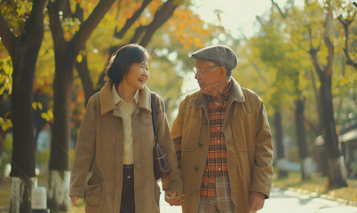 亚洲人老年夫妇在公园里散步图片