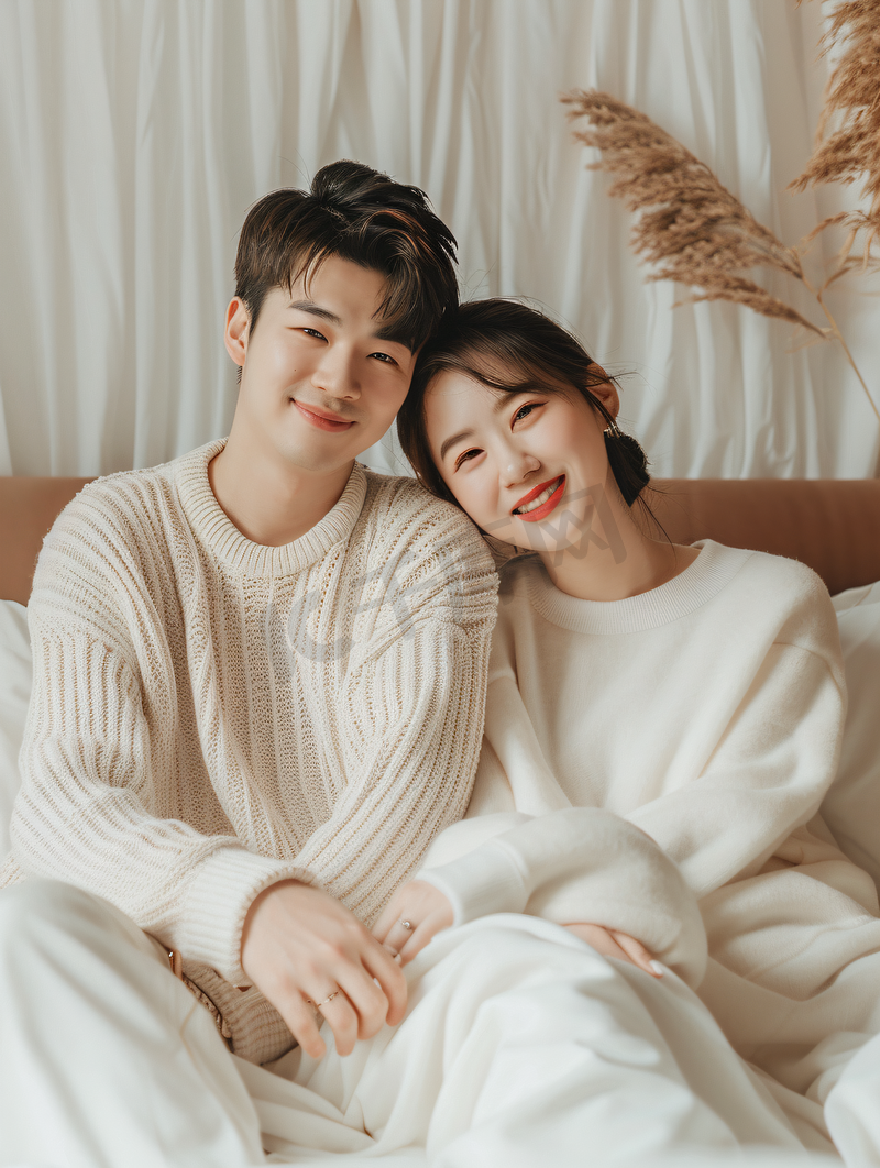 亚洲人年轻夫妻甜蜜的坐在床上图片