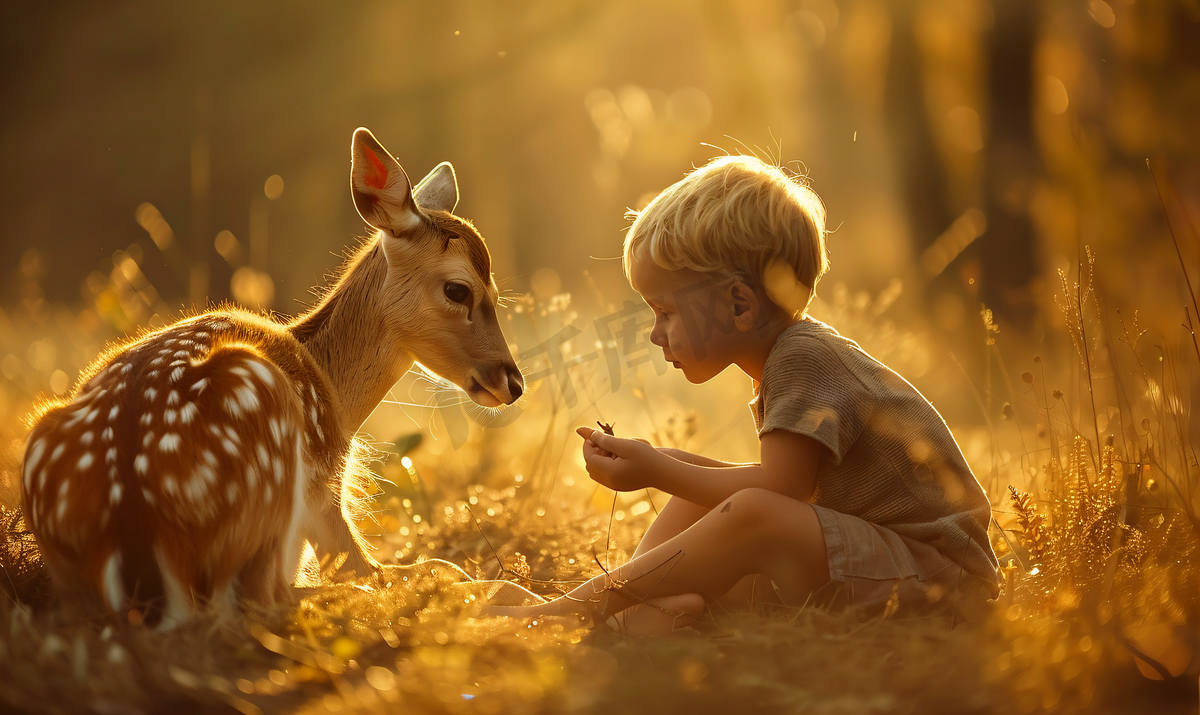 儿童与小鹿有爱图片