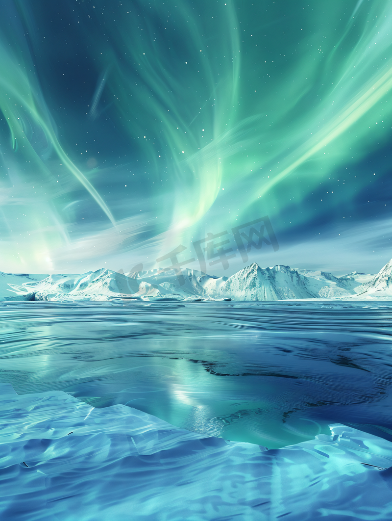 海洋上的北极光星空与极地的冬季景观图片