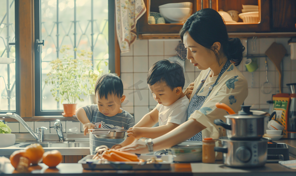 亚洲人年轻妈妈和儿子在厨房图片