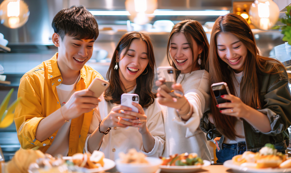 亚洲人青年朋友用手机给美食拍照人物图片