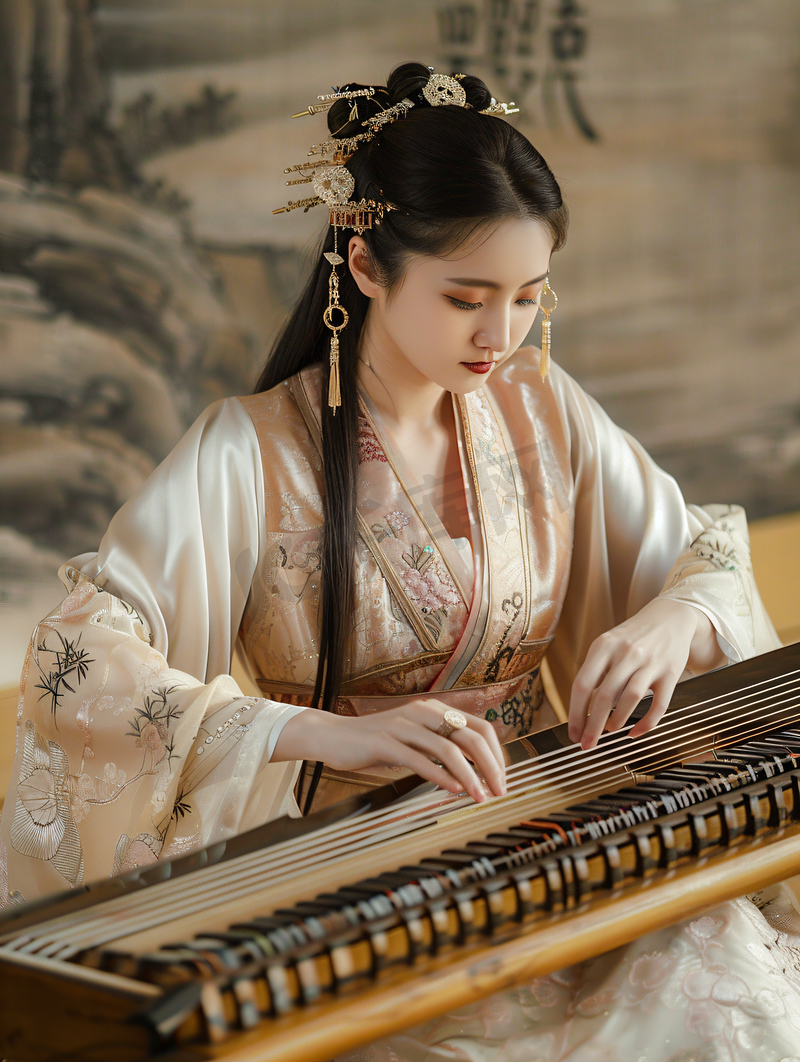 穿中国传统服饰的女性弹奏古琴图片