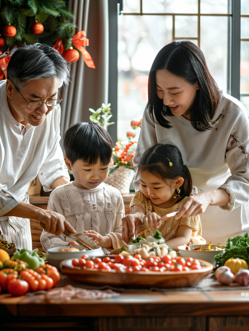 亚洲人快乐家庭准备年夜饭图片