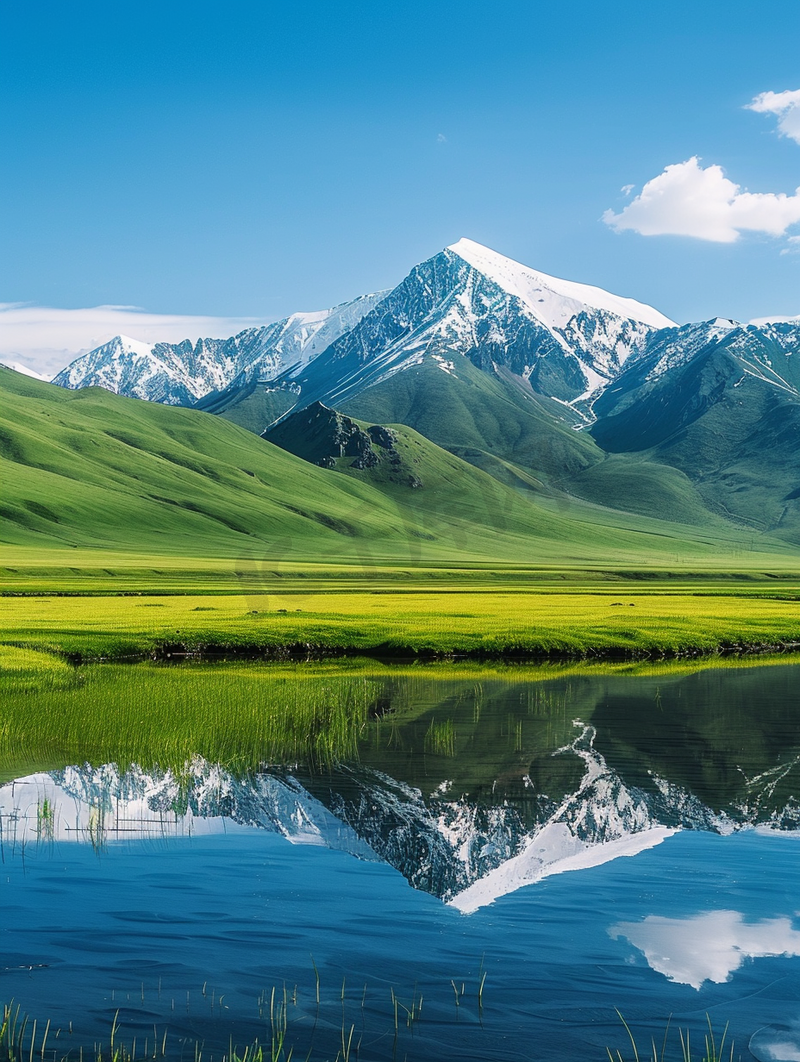 新疆伊犁唐布拉仙女湖草原雪山摄影图图片
