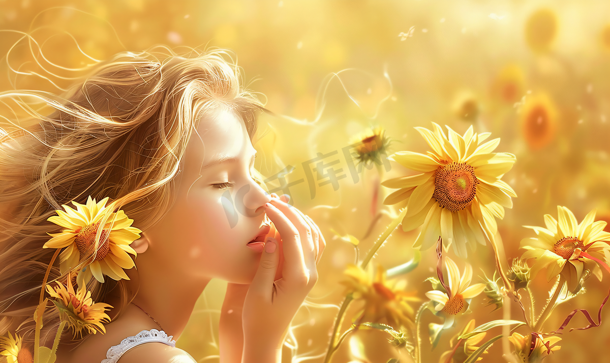 少女闻着向日葵的花香图片