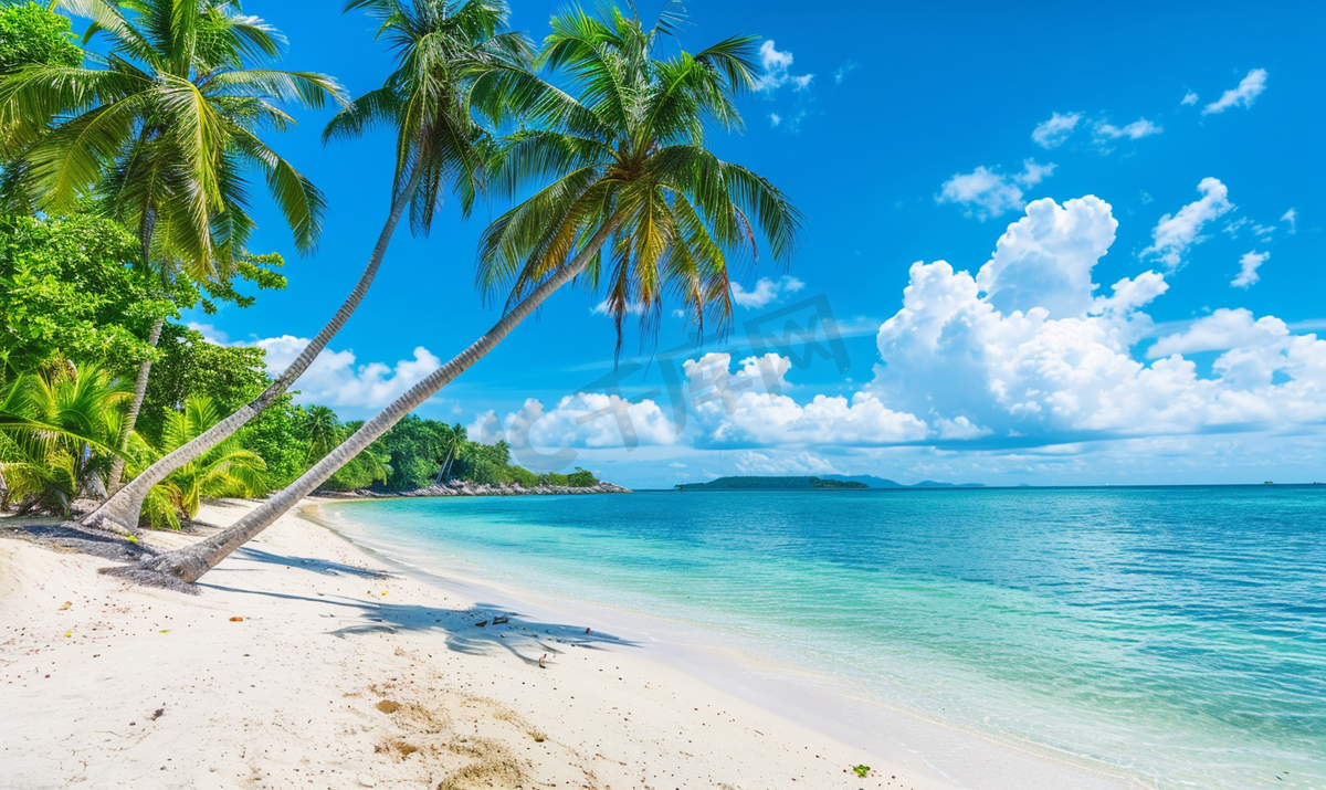 美丽的热带海滩和大海的椰子树图片